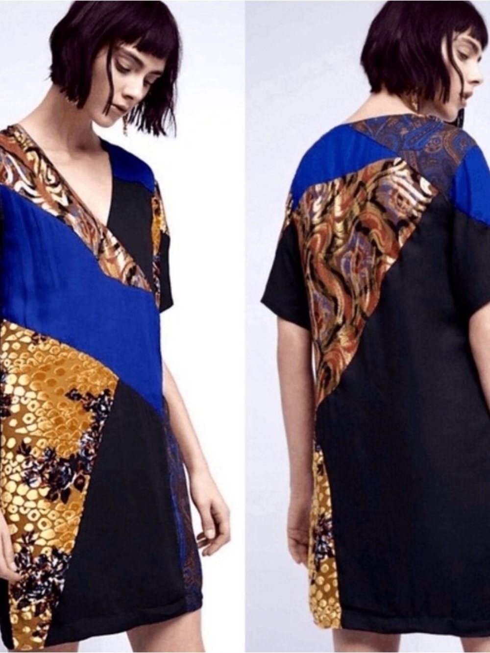 HD in Paris Black and Royal Blue Camellia Patchwork Mini Dress with Gold Print